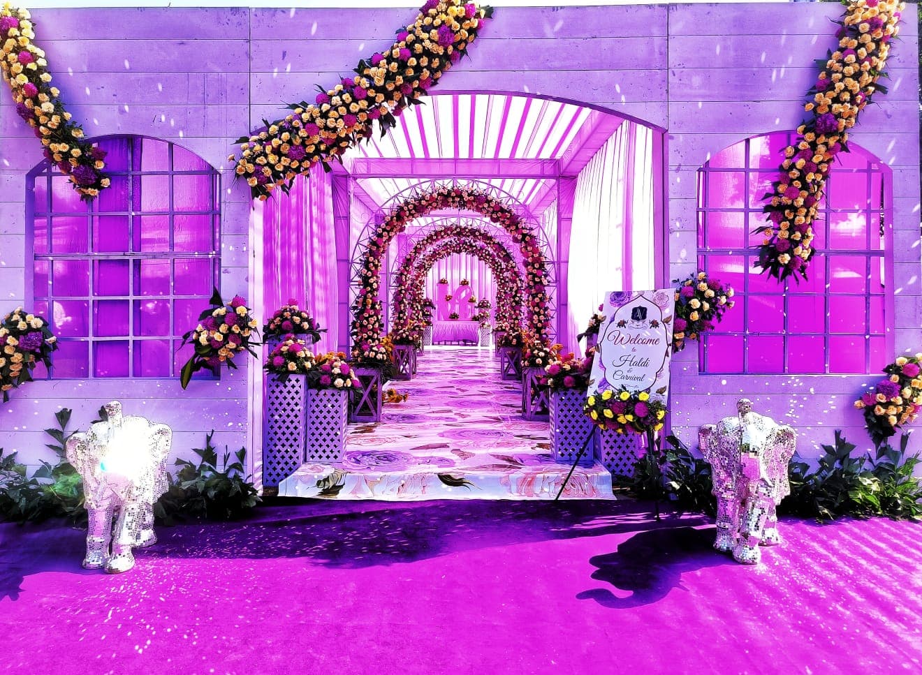 Grand wedding reception with golden sunset lighting